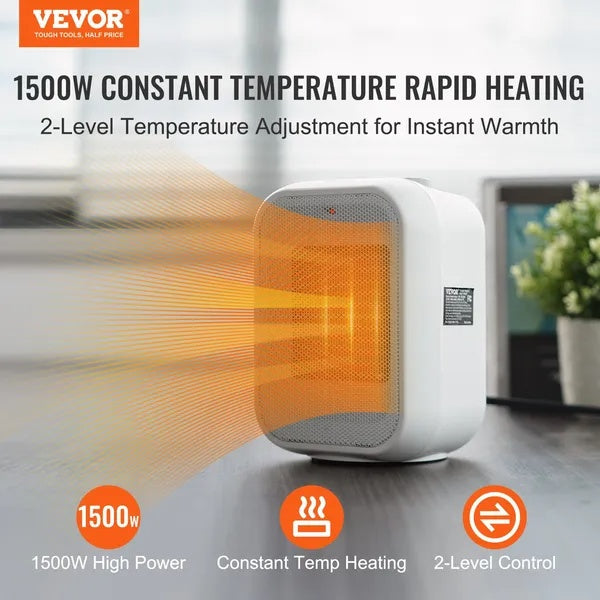 VEVOR Portable Electric Space Heater With Thermostat, 1000W 1500W 2-Level Adjustable Quiet Ceramic Heater Fan, 9 In Tip-Over Shutdown Flame-Retardant PP Small Heaters For Office Room Desk Indoor Use B