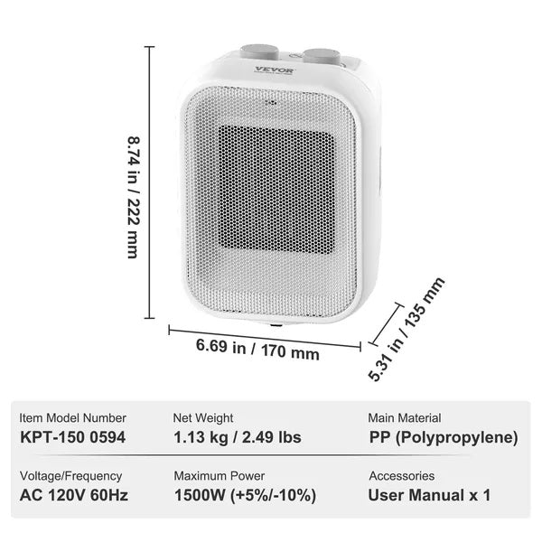 VEVOR Portable Electric Space Heater With Thermostat, 1000W 1500W 2-Level Adjustable Quiet Ceramic Heater Fan, 9 In Tip-Over Shutdown Flame-Retardant PP Small Heaters For Office Room Desk Indoor Use B